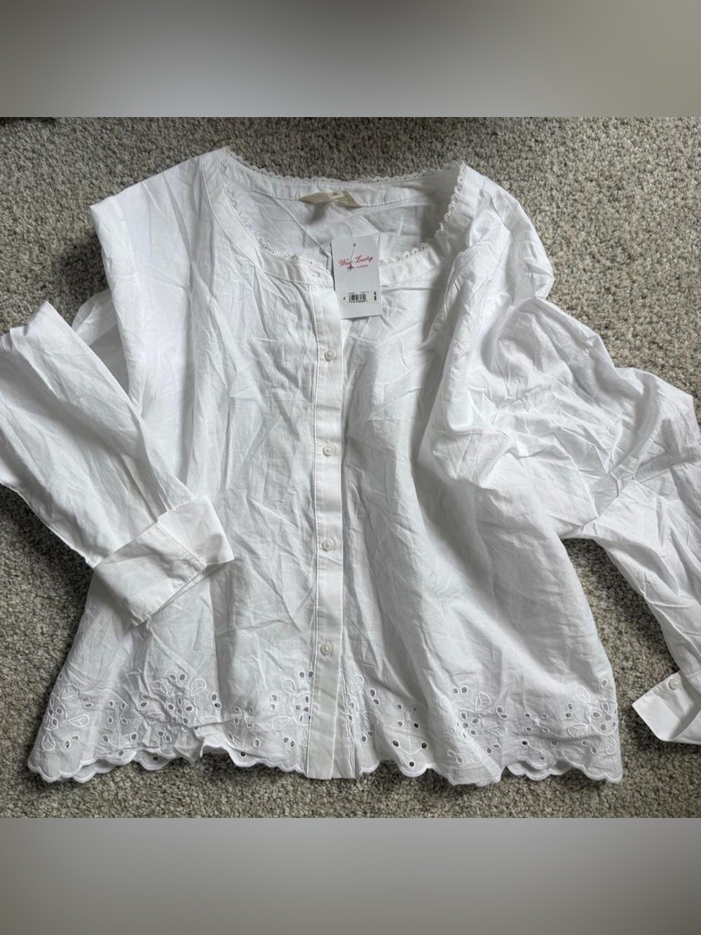 NWT Lucky Brand White Eyelet Blouse with Lace Trim